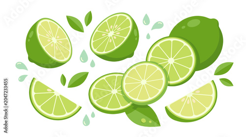 Fotografia Flat vector set of whole and sliced green limes