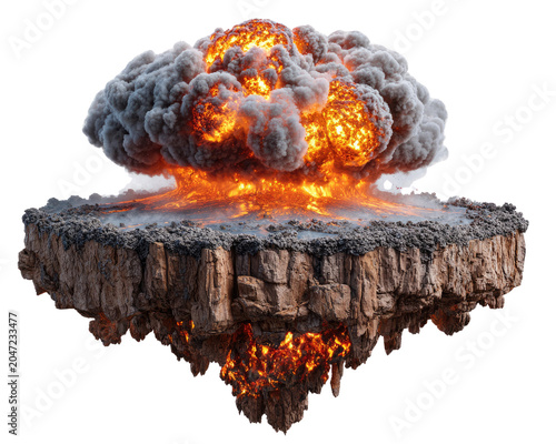 Cataclysmic Eruption: A fiery explosion erupts from a floating island, sending smoke and debris billowing into the air. This powerful image captures the raw force of nature or a devastating event.