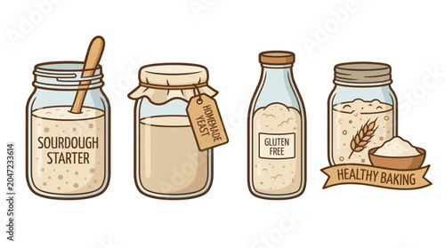 Quadro su tela Set of sourdough starter and yeast jar icons for baking
