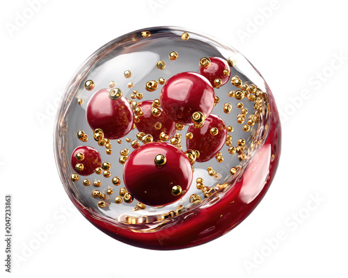 Microscopic Wonder: A striking close-up reveals the intricate beauty of microscopic spheres, a combination of deep red and metallic gold, suspended within a clear, fluid medium.