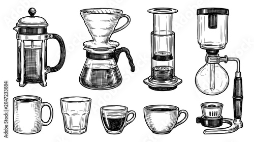 Foto Hand drawn collection of manual coffee brewing equipment