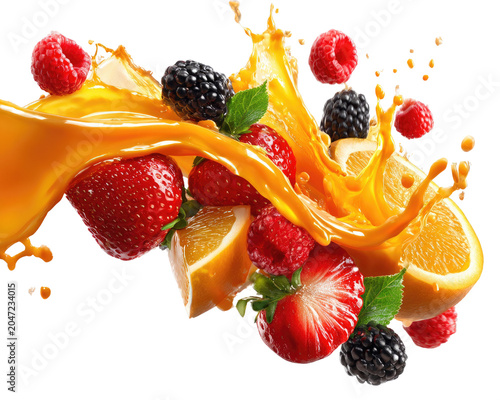Vibrant Splash of Summer Fruits: A dynamic composition featuring ripe strawberries, raspberries, blackberries, oranges, and a splash of bright orange liquid.