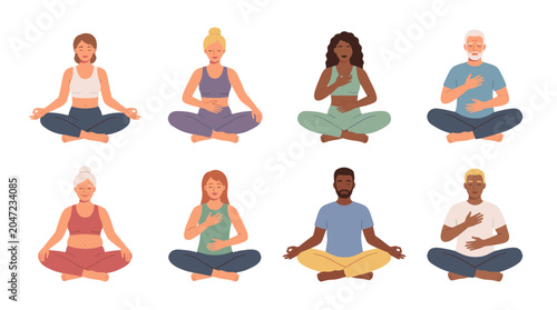 Tableau sur toile Set of diverse men and women meditating in seated yoga poses