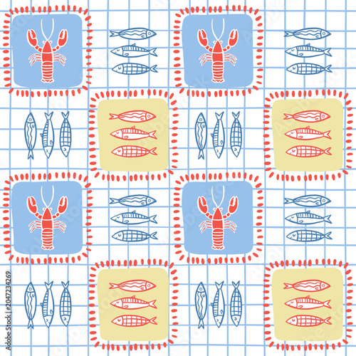 Cute scandinavian seamless pattern with hand-drawn pastel fish on a yellow checkered background.