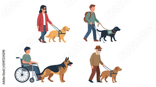 Cuadro en lienzo Set of people with guide and assistance dogs in flat style