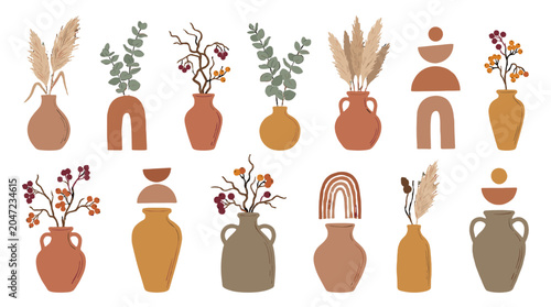 Foto Set of boho clay vases with dried plants and abstract shapes