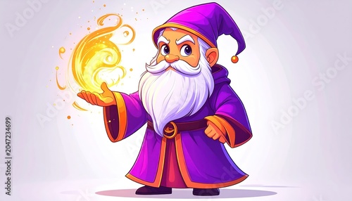 Cartoon Wizard with Glowing Magic in Hand, Fantasy Illustration, Digital Art.
