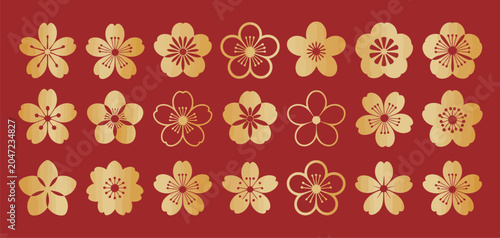 Photos sakura floral icons gold cherry set on red background vector