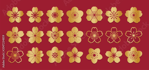 Photos sakura blossom pattern gold flowers on red background vector