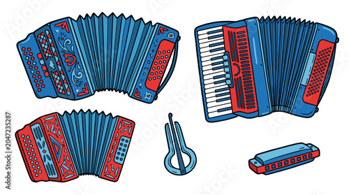 Photos Set of accordions, jaw harp and harmonica in flat vector style