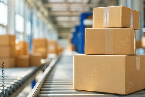 Stacked cardboard boxes on automated conveyor belt in bright modern logistics warehouse, efficient shipping and ecommerce delivery concept, selective focus