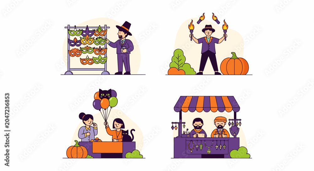 Fototapeta premium A set of fun Halloween market scenes with masks cat fire toy art man
