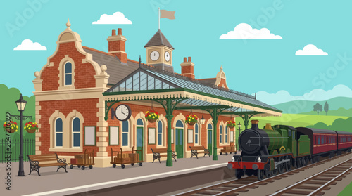 Cartoon vector illustration of charming historic railway station with classic architecture, decorative platform, colorful tourism atmosphere, clean vector style, highly detailed travel landmark scene