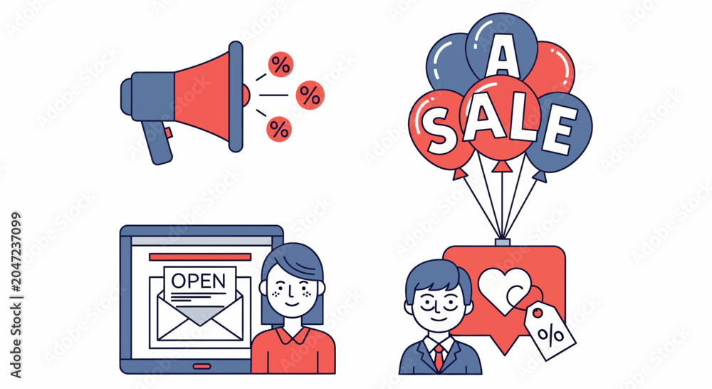 Fototapeta premium Set of ads icon for web sale and shop with mail tag and megaphone fun
