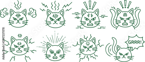 Foto Set of green outline angry cat faces showing different emotions like rage frustration and distress