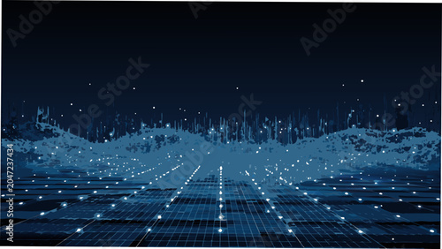 Bild auf Leinwand Geometric landscape illustration with a grid pattern and distant horizon rendere