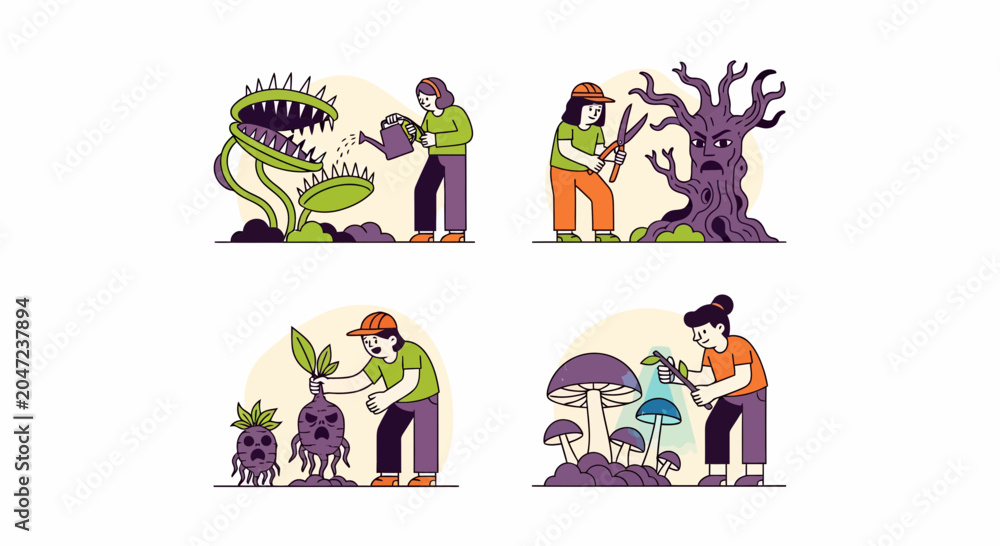 Fototapeta premium Young Girl Tends Magic Plants Spooky Tree Roots Glowing Mushroom In Scary Garden Yard Work