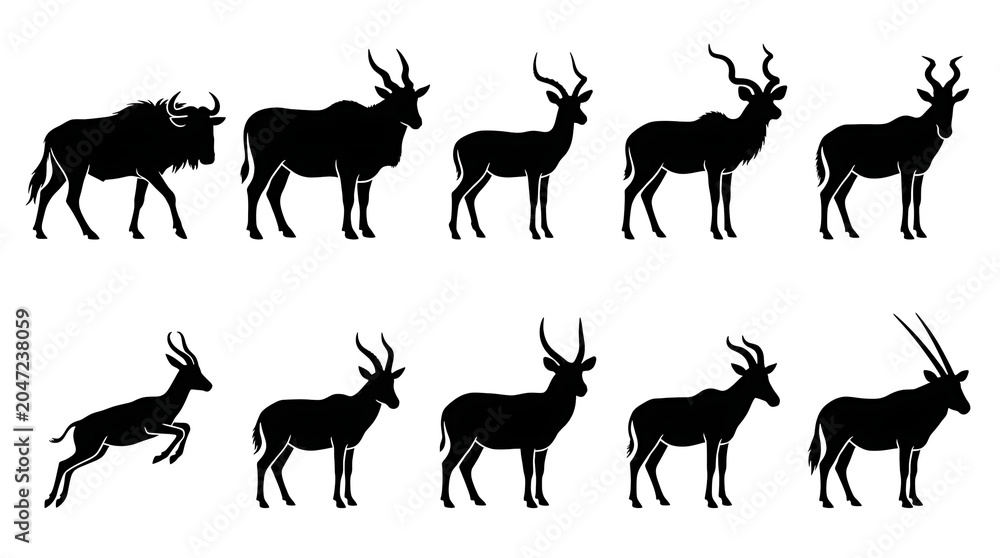 Fototapeta premium Black silhouette collection of African grazing animals with realistic wildlife shapes isolated on white background for educational, branding, and nature-themed design projects.