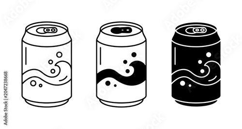 Foto Set of 3 Soda Cans, Beverage Icons, Refreshment Drink Vector Graphics, Black and