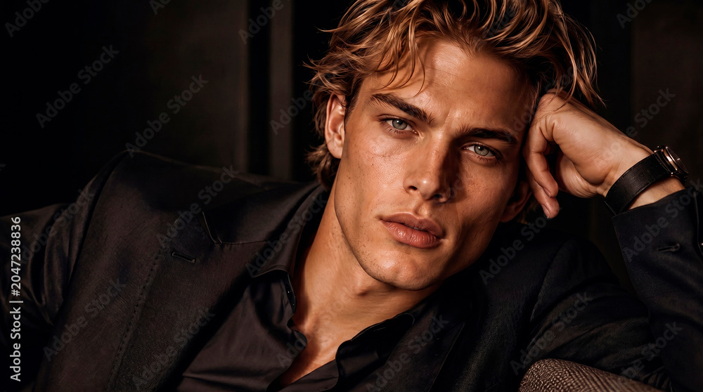 Fototapeta premium Close-up studio portrait of a handsome young man with blonde hair, wearing a luxury black suit and elegant watch. The professional editorial lighting emphasizes his sharp facial features, creating a h