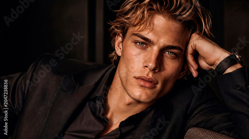 Close-up studio portrait of a handsome young man with blonde hair, wearing a luxury black suit and elegant watch. The professional editorial lighting emphasizes his sharp facial features, creating a h