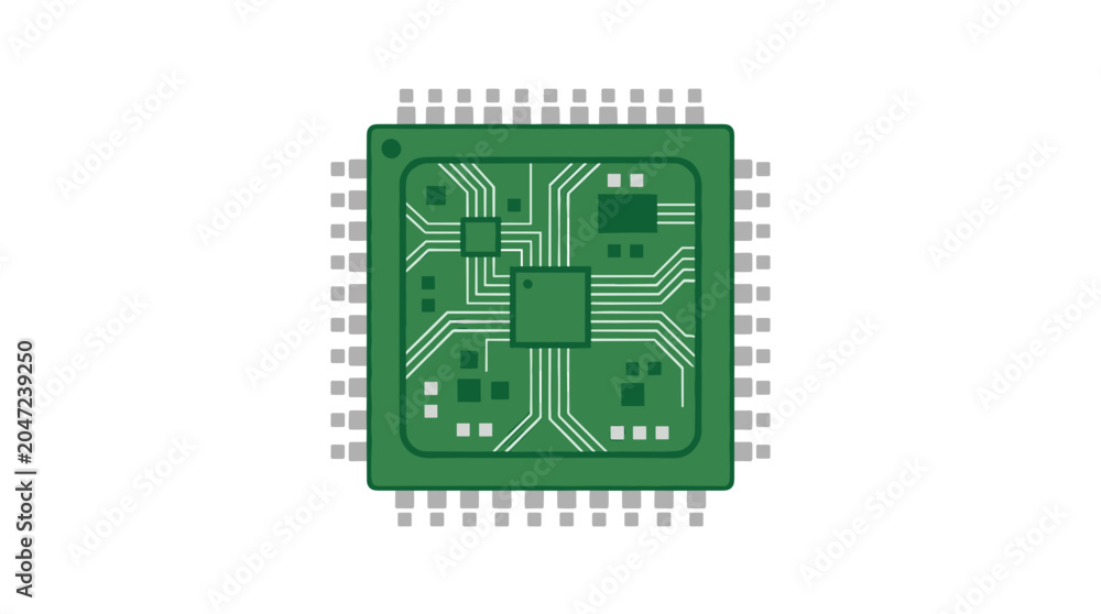 Fototapeta premium Green Microchip with Many Pins on White Background Vector