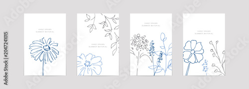 Canvastavla 植物のベクターイラストポストカード。夏のハーブイラストセット。線画の植物。Vector illustration postcards of plants