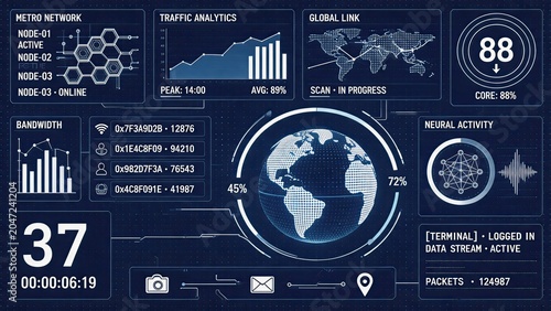 Futuristic network data dashboard displaying global link traffic analytics bandwidth metrics and neural activity on blue high-tech digital interface screen