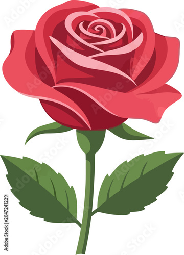 Elegant Red Rose Illustration with Green Stem and Leaves.