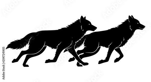 Billede på lærred Two Black Wolf Silhouettes Running, Wild Animal Vector Art, Canine Pack Motion G
