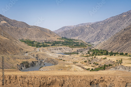 Scenic summer landscape view of Zeravshan river valley, Aini, Sughd, Tajikistan