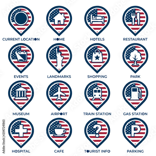 Set of Map Pin Icons with American Flag Pattern for Navigation and Travel, Featuring Symbols for Home, Hotel, Restaurant, Airport, Museum, Hospital, Gas Station, and Public Transportation