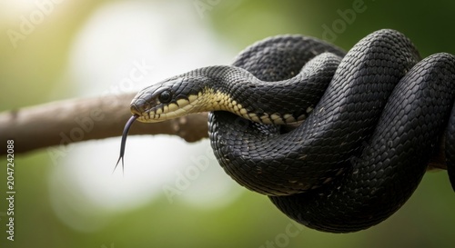 Elegant Black Serpent with Yellow Markings Coiled on a Branch, Tasting the Air