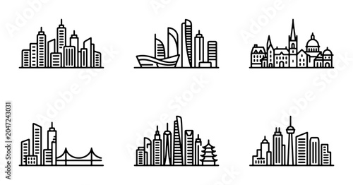 фотографія Modern Cityscape Silhouettes, Urban Skyline Icons, Architectural Landmarks Colle