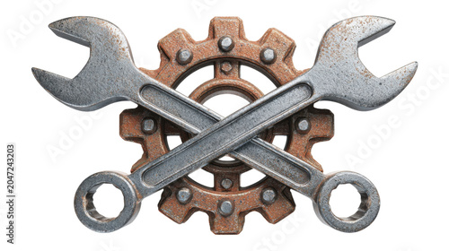 Crossed Metal Wrenches and Gear Mechanic Repair Symbol for Engineering Maintenance and Industrial Service Isolated on White Background
