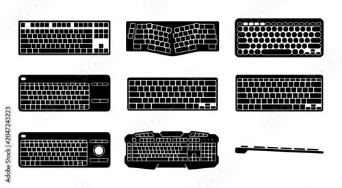 Photos Diverse Keyboard Collection, Computer Input Devices, Ergonomic and Standard Layo