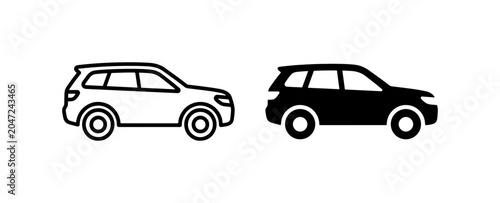 Foto SUV Car Icons, White Outline and Black Silhouette, Automotive Transport Symbols