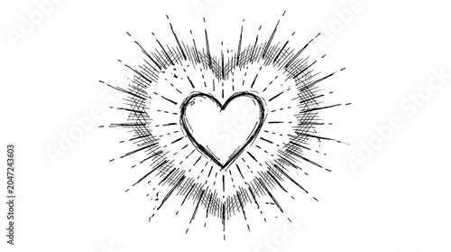 Slika na platnu Hand drawn heart with radiating burst sketch illustration