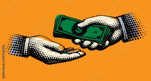 Halftone Money Exchange hands Illustration – Retro Comic Style Vector of Hands Giving Cash on Vibrant Orange Background for Business and Finance Concepts