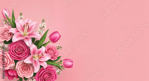 Pink floral bouquet with roses and lilies on soft pink background  