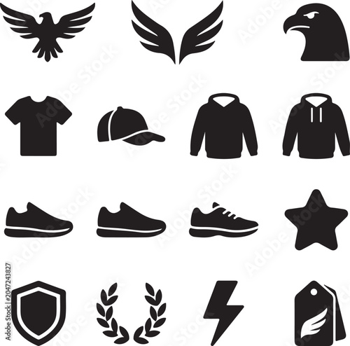 Black silhouette of birds, people, and in minimalist style arrow