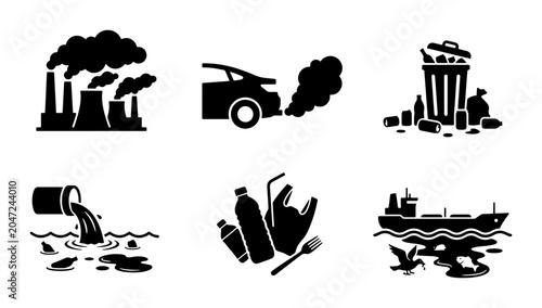 Obraz na plátně Environmental Pollution Icons: Industrial Waste, Car Exhaust, Landfill, Water Co