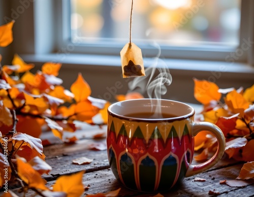 Cozy Autumn Tea Scene with Warm Lighting and Rustic Charm