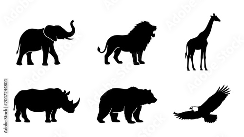 Photography African Wildlife Silhouettes: Lion, Elephant, Giraffe, Rhino, Bear, Eagle Vector