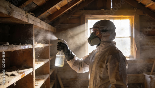 Man in hazmat suit and respirator spraying disinfectant on dusty shelves in wooden attic