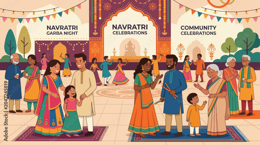 Obraz premium A heartwarming flat design illustration depicting a diverse community of families and friends joyfully celebrating the Navratri festival together.