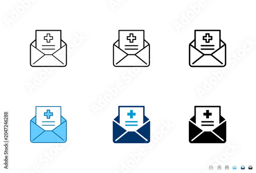 Medical mail line and solid icon set for healthcare and medical concept
