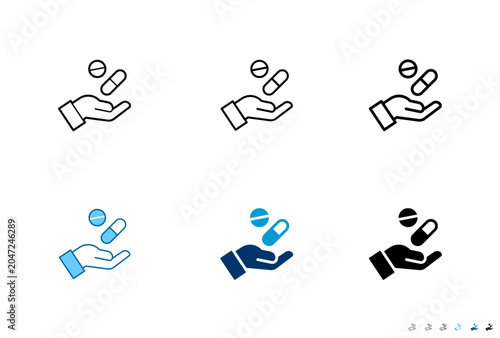 Hand with pills and capsules line and solid icon set for healthcare and medical concept