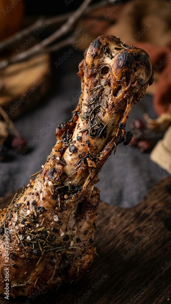 Obraz premium Herb crusted roasted lamb shank bone on rustic wood board with dark moody lighting