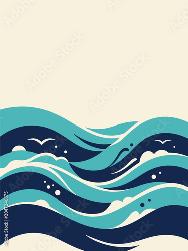 Abstract Ocean Waves Pattern in Teal and White Minimalist Seamless Design
